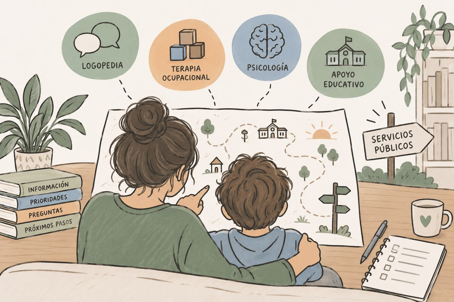 Una madre y su hijo, de espaldas, miran juntos un mapa dibujado sobre la mesa; alrededor, cuatro círculos nombran logopedia, terapia ocupacional, psicología y apoyo educativo, y una señal indica los servicios públicos.