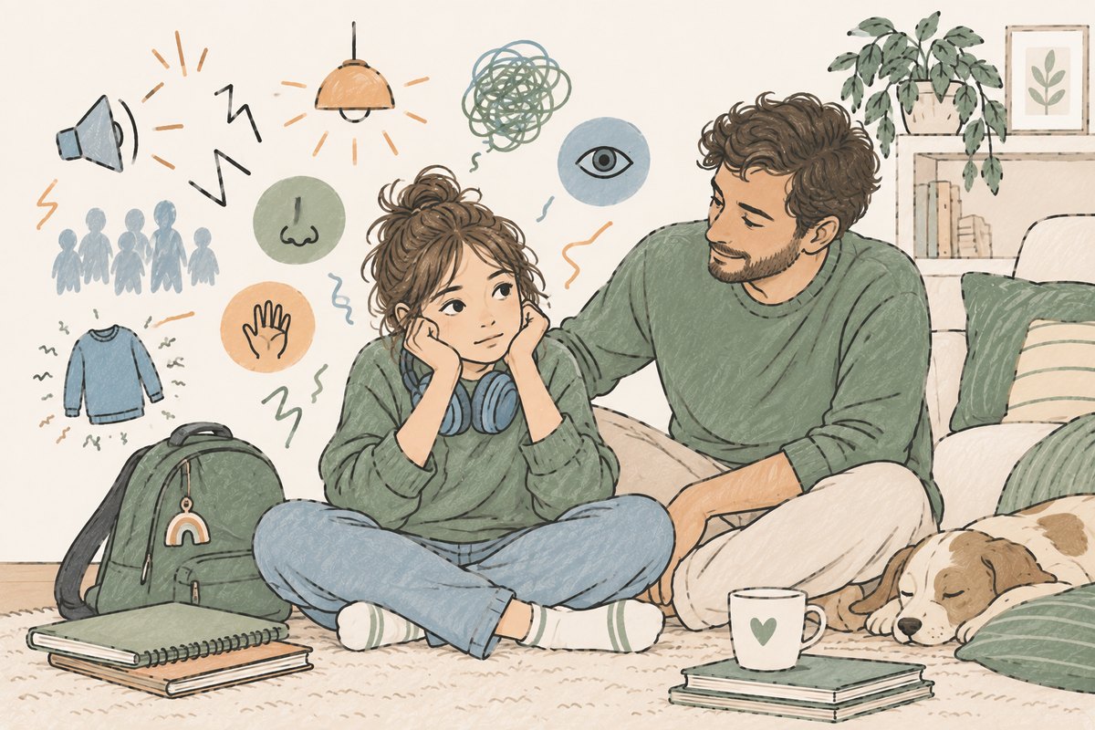 Ilustración de una niña sentada en el suelo del salón, con auriculares al cuello y las manos junto a las orejas, rodeada de símbolos de ruido, luz, olor, tacto y gente. A su lado, un adulto le pone la mano en el hombro sin decir nada.